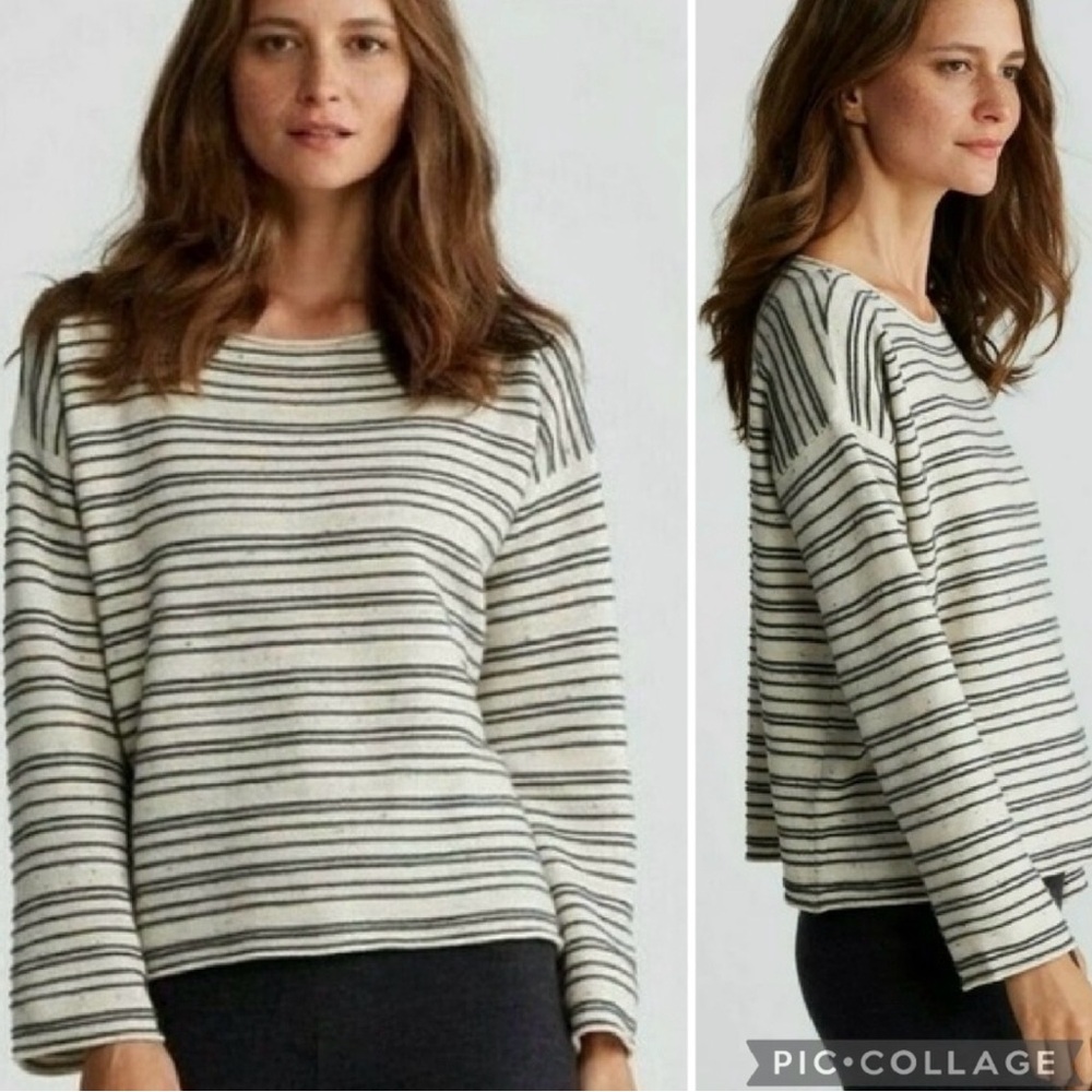 Eileen Fisher Organic Cotton Wool Stripe Speckled Boat Neck Boxy Sweater Large